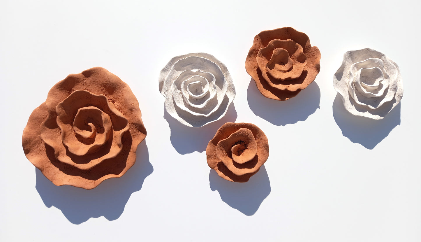 Terracotta & White Ceramic Flowers - Flower Sculpture - Terra cotta Wall Art - MADE TO ORDER