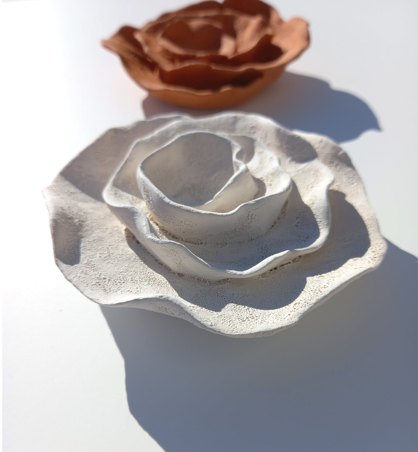 Terracotta & White Ceramic Flowers - Flower Sculpture - Terra cotta Wall Art - MADE TO ORDER