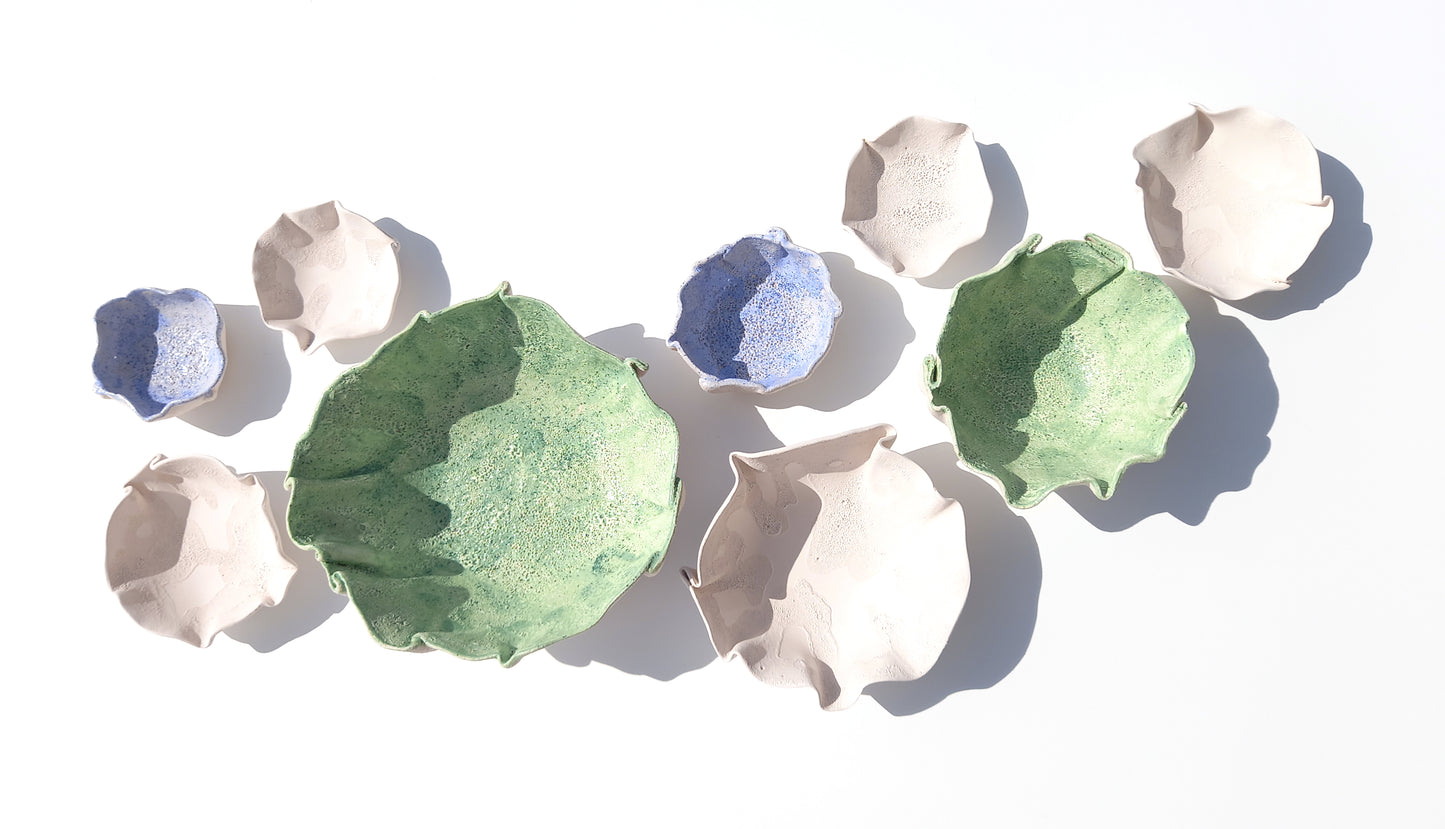 White, Blue & Green Ceramic Wall Art - Floral Sculpture - Modern tiles - Made to Order