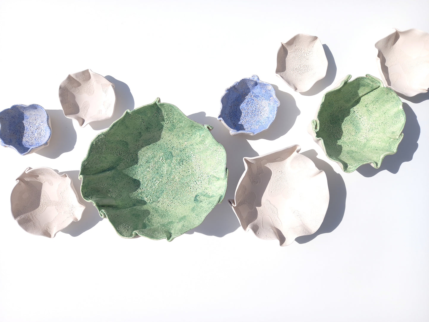 White, Blue & Green Ceramic Wall Art - Floral Sculpture - Modern tiles - Made to Order