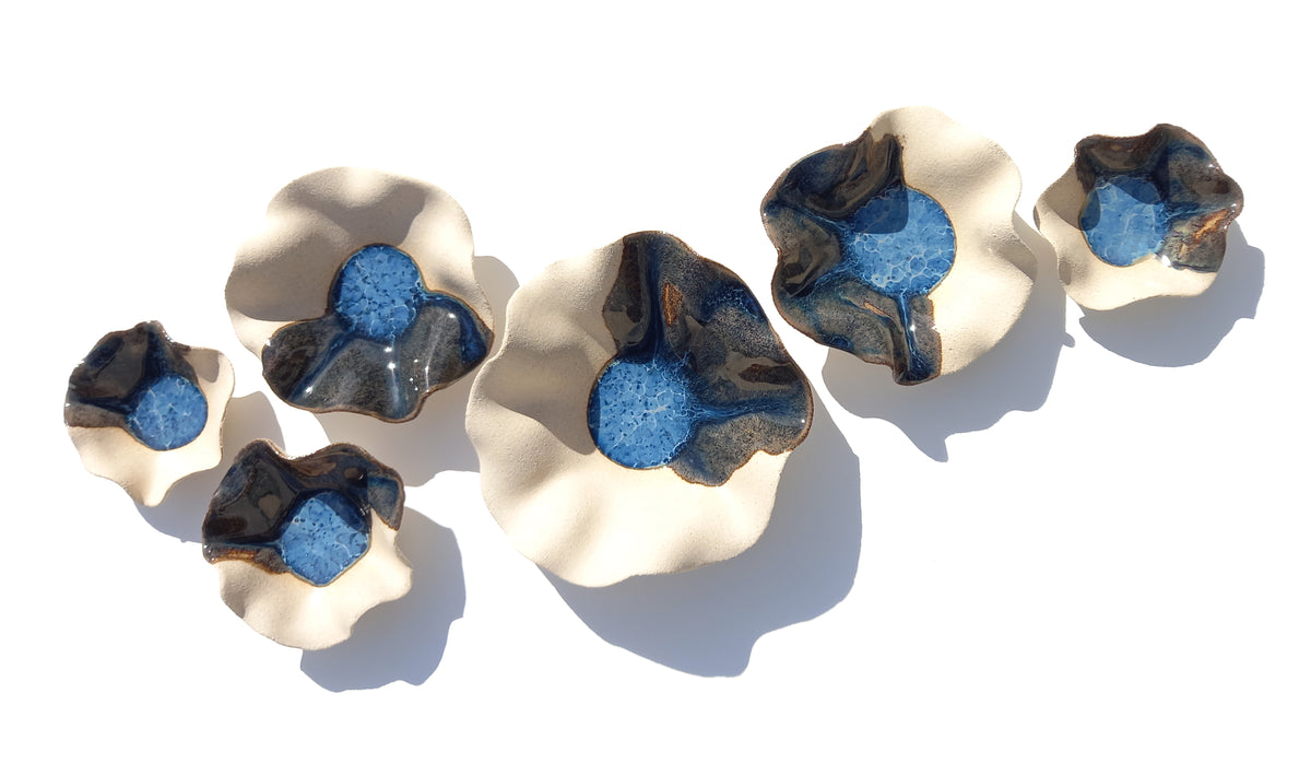Deep Sea Blue & Oatmeal Beige Ceramic Wall Art: Handmade Art Decor, Made to Order