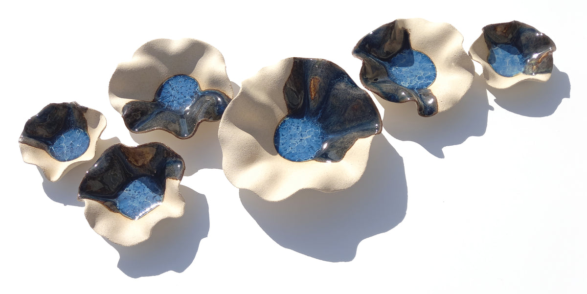 Deep Sea Blue & Oatmeal Beige Ceramic Wall Art: Handmade Art Decor, Made to Order