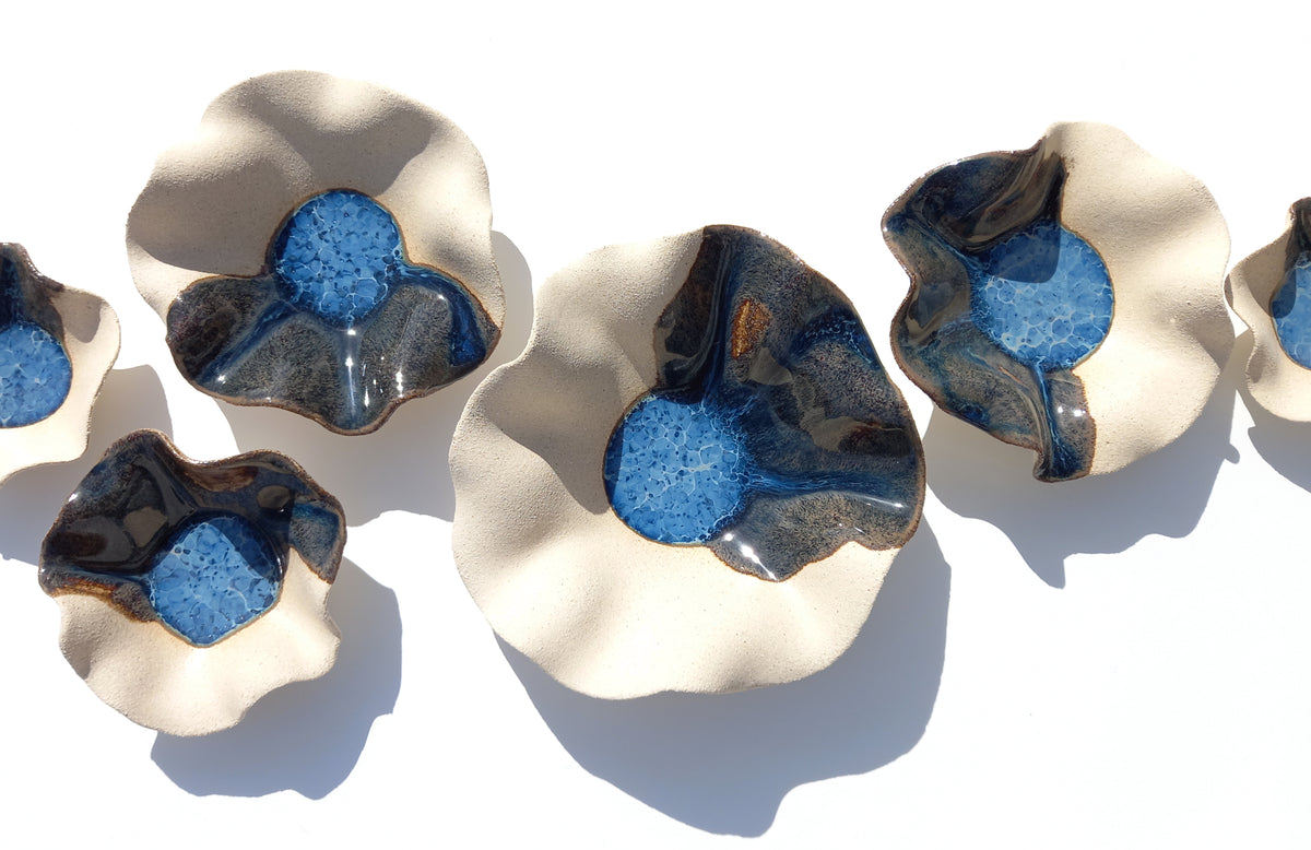 Deep Sea Blue & Oatmeal Beige Ceramic Wall Art: Handmade Art Decor, Made to Order