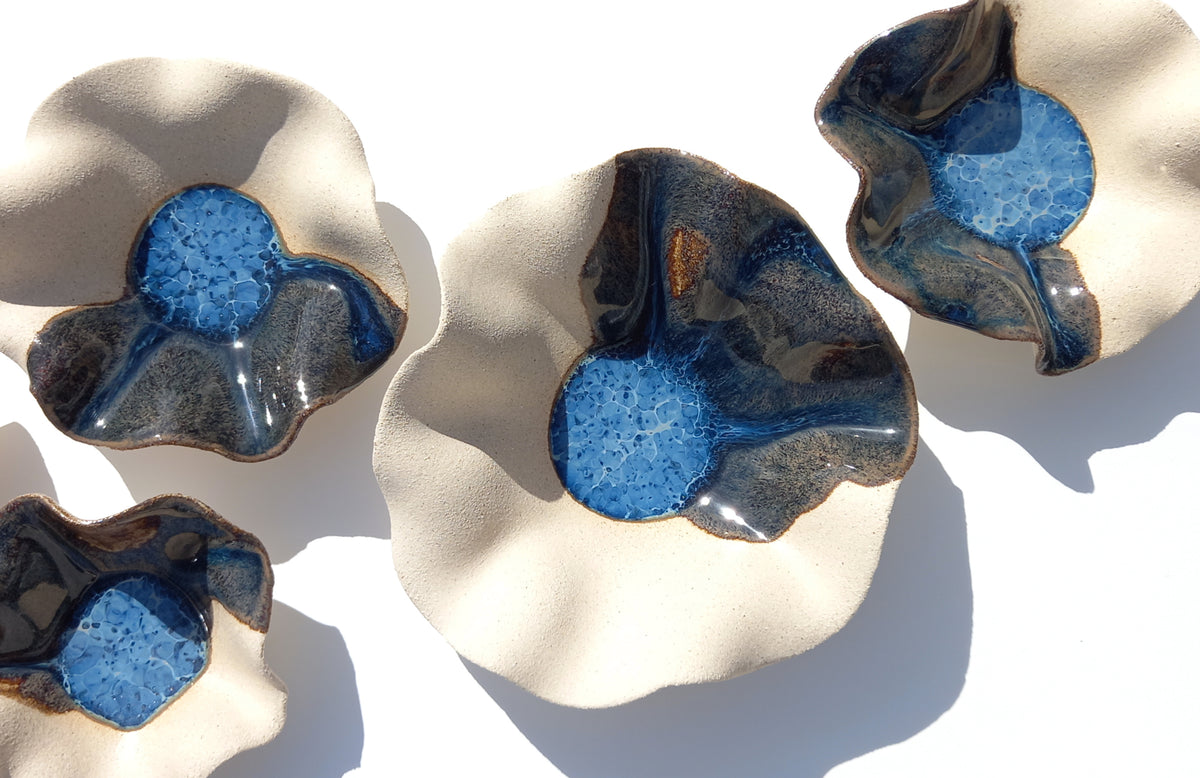 Deep Sea Blue & Oatmeal Beige Ceramic Wall Art: Handmade Art Decor, Made to Order