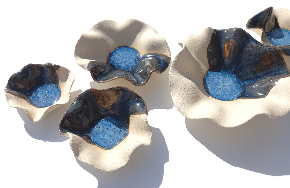 Deep Sea Blue & Oatmeal Beige Ceramic Wall Art: Handmade Art Decor, Made to Order