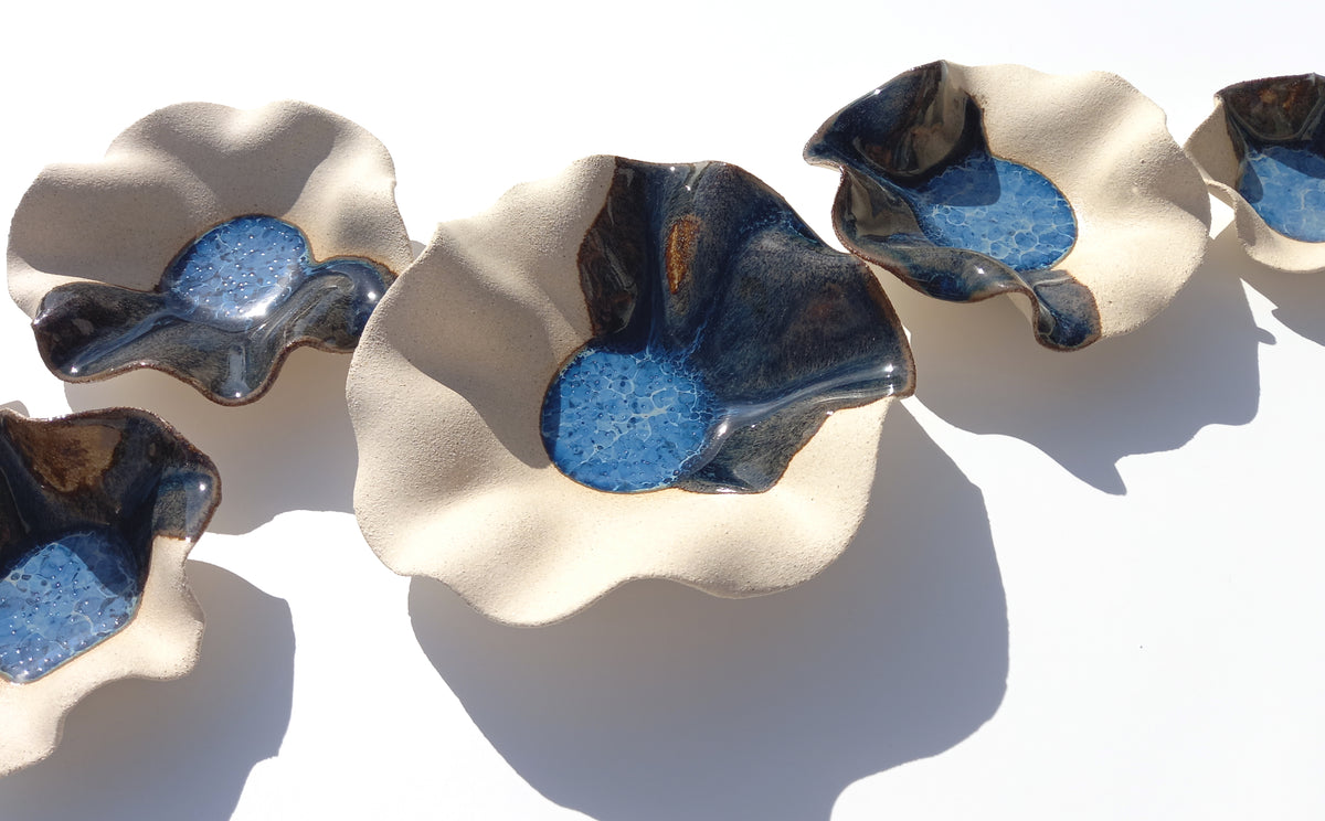 Deep Sea Blue & Oatmeal Beige Ceramic Wall Art: Handmade Art Decor, Made to Order