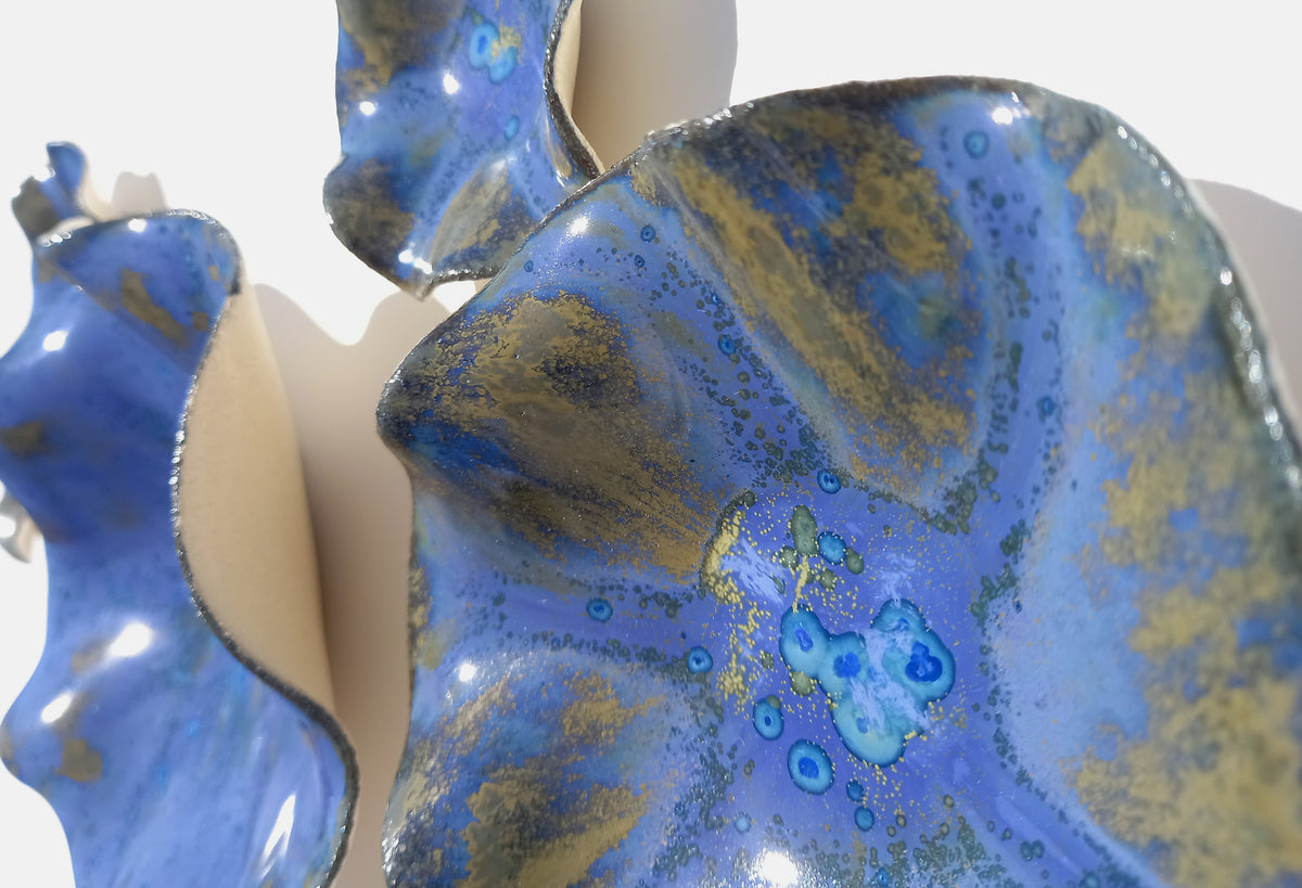 Cobalt Blue & Bronze Porcelain Art Sculpture: Custom Ceramic Wall Decor, Made to Order