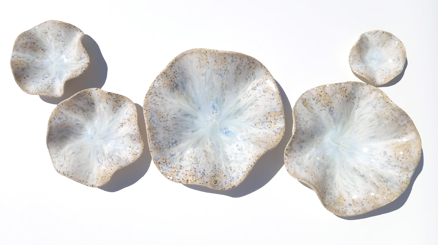 Chalky White Wall Sculptures: Blue Mottling and Toasted Edges Ceramic Art - MADE TO ORDER