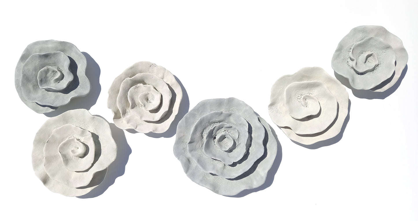 Dove Gray and Ivory Ceramic Flowers: Wall Art Sculpture Set, Made to Order
