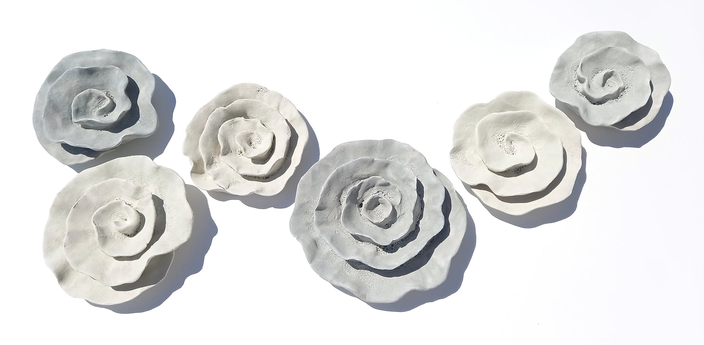 Dove Gray and Ivory Ceramic Flowers: Wall Art Sculpture Set, Made to Order