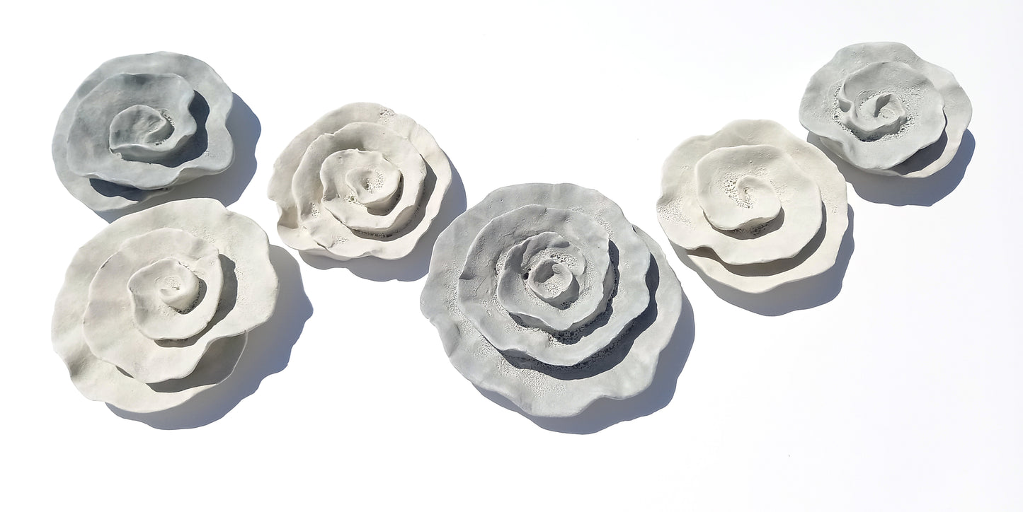 Dove Gray and Ivory Ceramic Flowers: Wall Art Sculpture Set, Made to Order