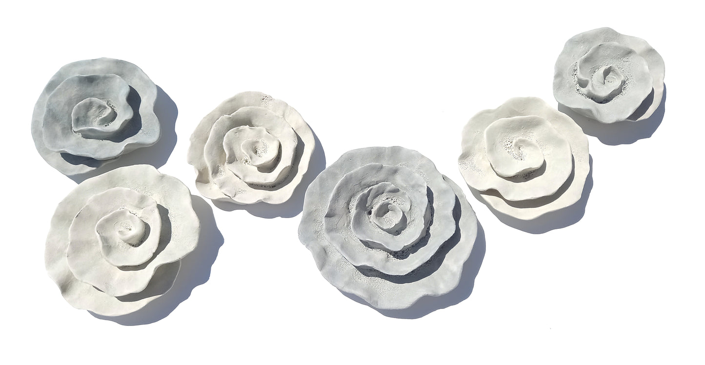 Dove Gray and Ivory Ceramic Flowers: Wall Art Sculpture Set, Made to Order