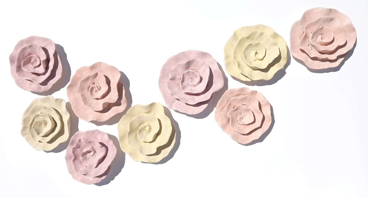 Chalky Rose, Butter Yellow and Peach Ceramic Flowers: Wall Art Sculpture, Made to Order