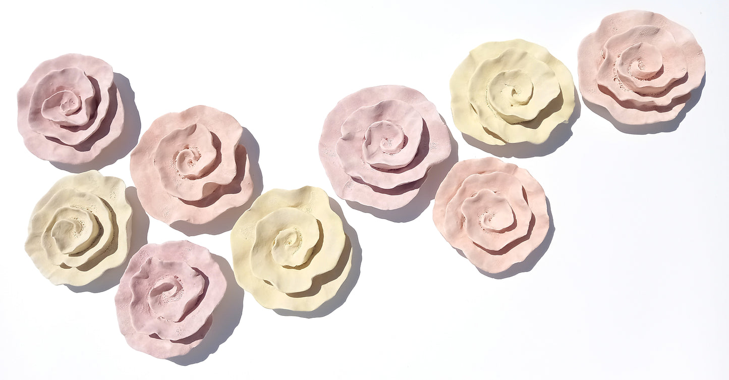Chalky Rose, Butter Yellow and Peach Ceramic Flowers: Wall Art Sculpture, Made to Order