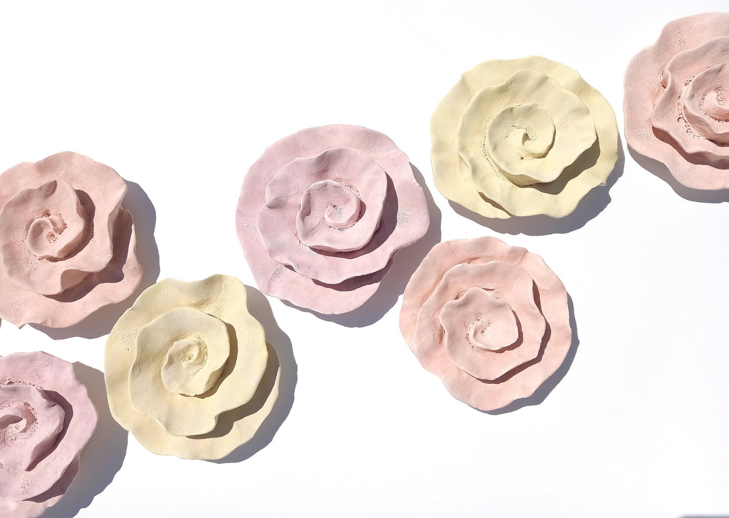 Chalky Rose, Butter Yellow and Peach Ceramic Flowers: Wall Art Sculpture, Made to Order