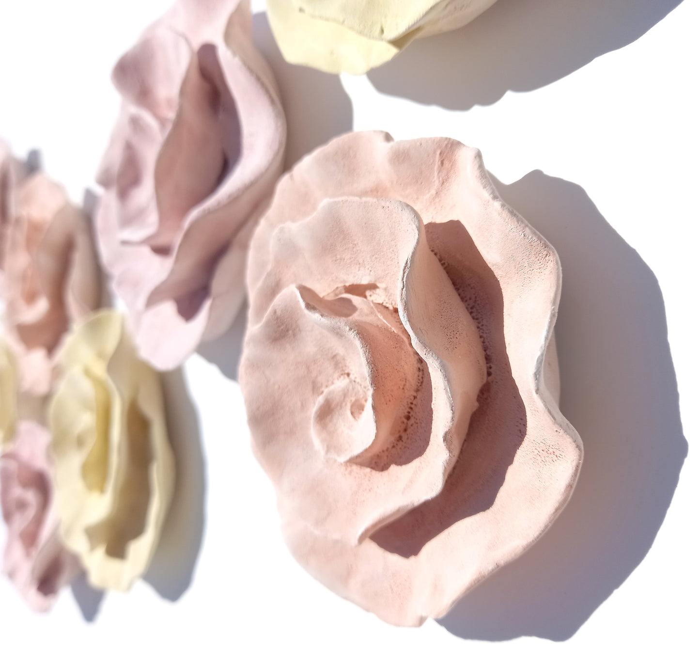 Chalky Rose, Butter Yellow and Peach Ceramic Flowers: Wall Art Sculpture, Made to Order
