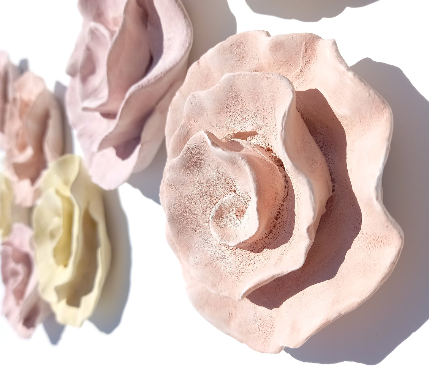 Chalky Rose, Butter Yellow and Peach Ceramic Flowers: Wall Art Sculpture, Made to Order