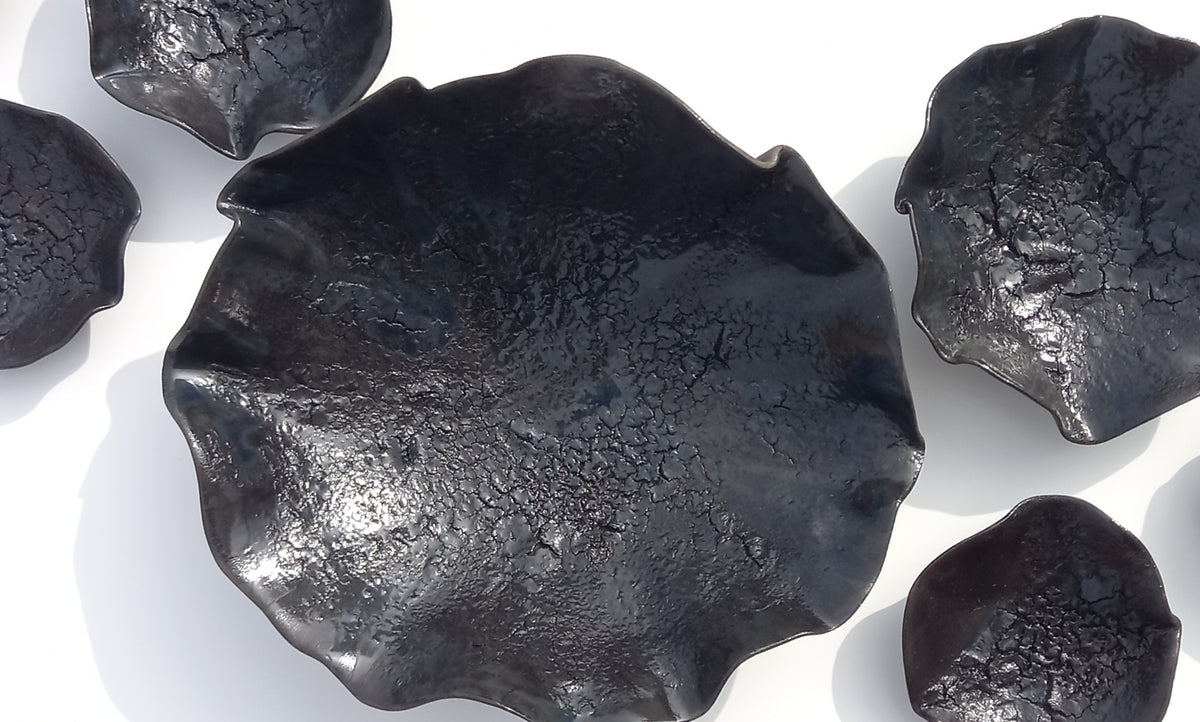 Black & Petrol Blue Ceramic Wall Art: Art Installation Sculpture, Made to Order