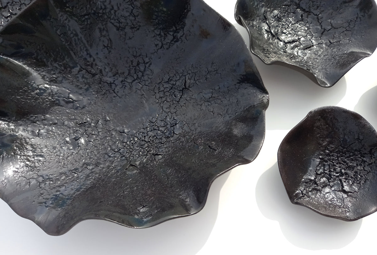 Black & Petrol Blue Ceramic Wall Art: Art Installation Sculpture, Made to Order