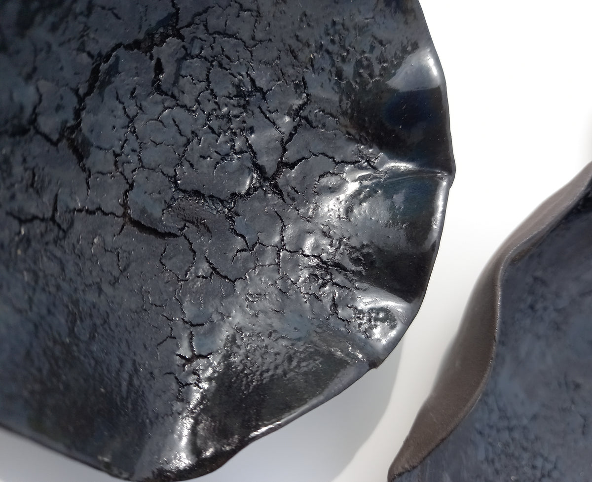 Black & Petrol Blue Ceramic Wall Art: Art Installation Sculpture, Made to Order