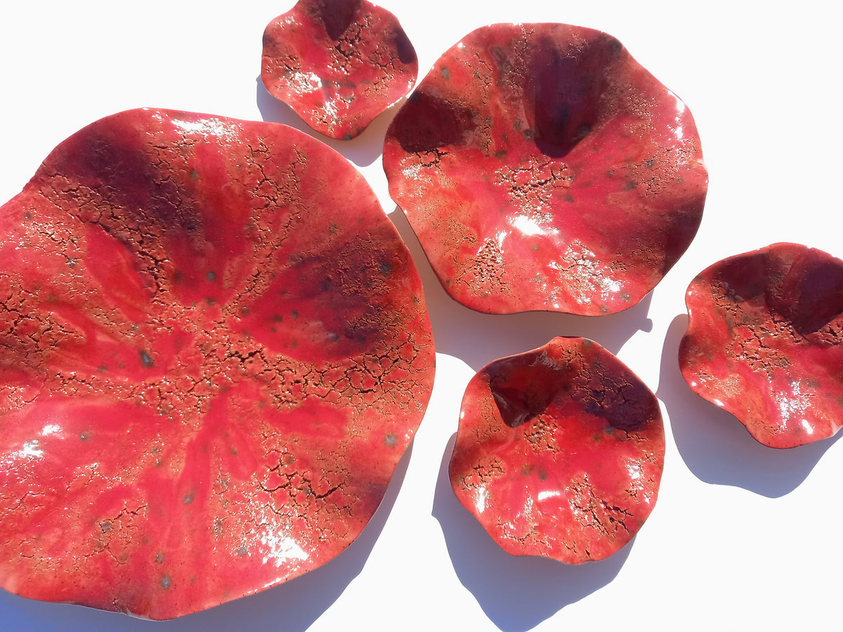 Crimson Red Terracotta Wall Art. Handmade Ceramic Tulip Sculpture Set, Made to Order