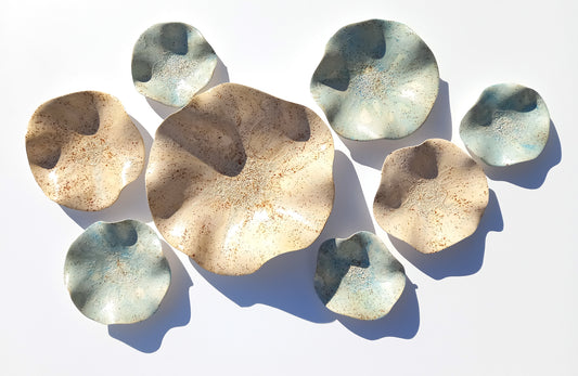 Ivory & Dusty Blue Ceramic Wall Art: Art Installation Sculpture, Made to Order