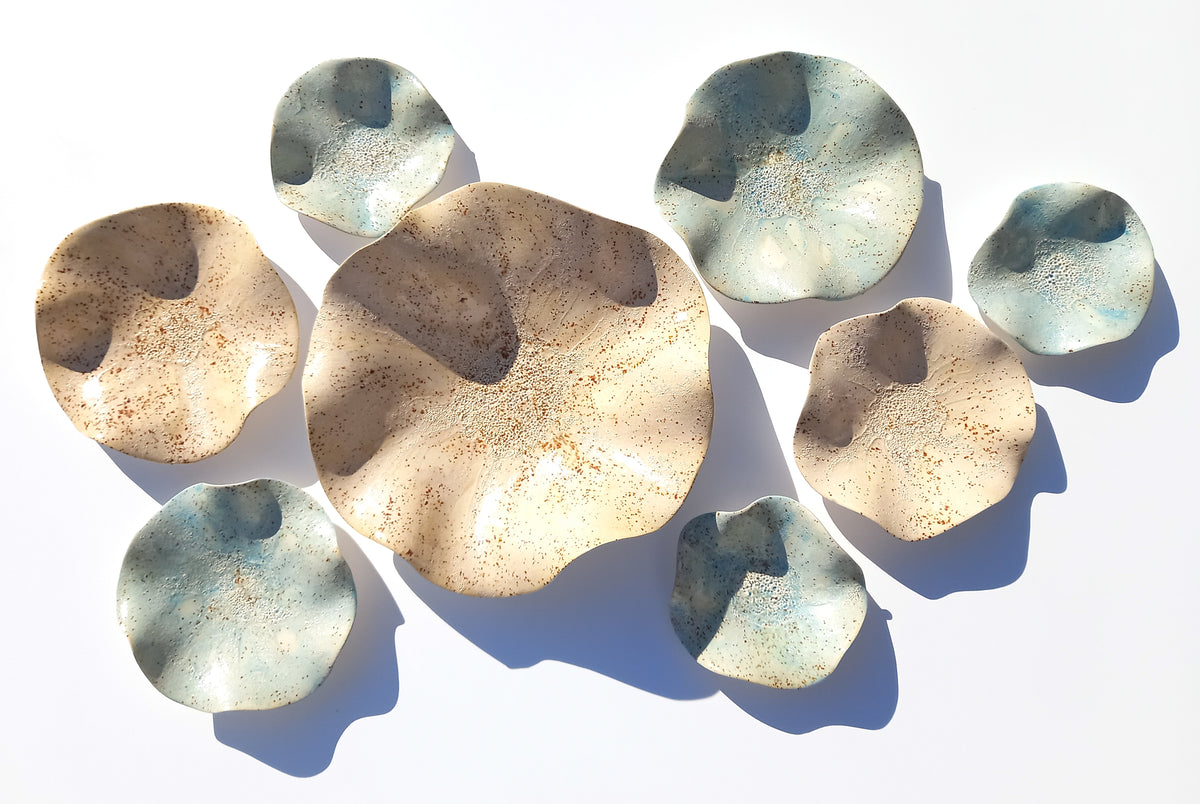 Ivory & Dusty Blue Ceramic Wall Art: Art Installation Sculpture, Made to Order