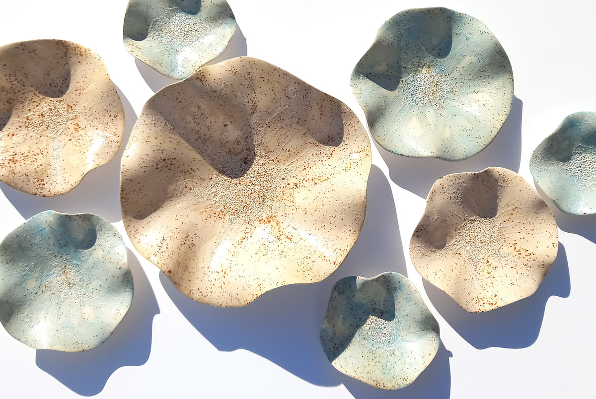 Ivory & Dusty Blue Ceramic Wall Art: Art Installation Sculpture, Made to Order