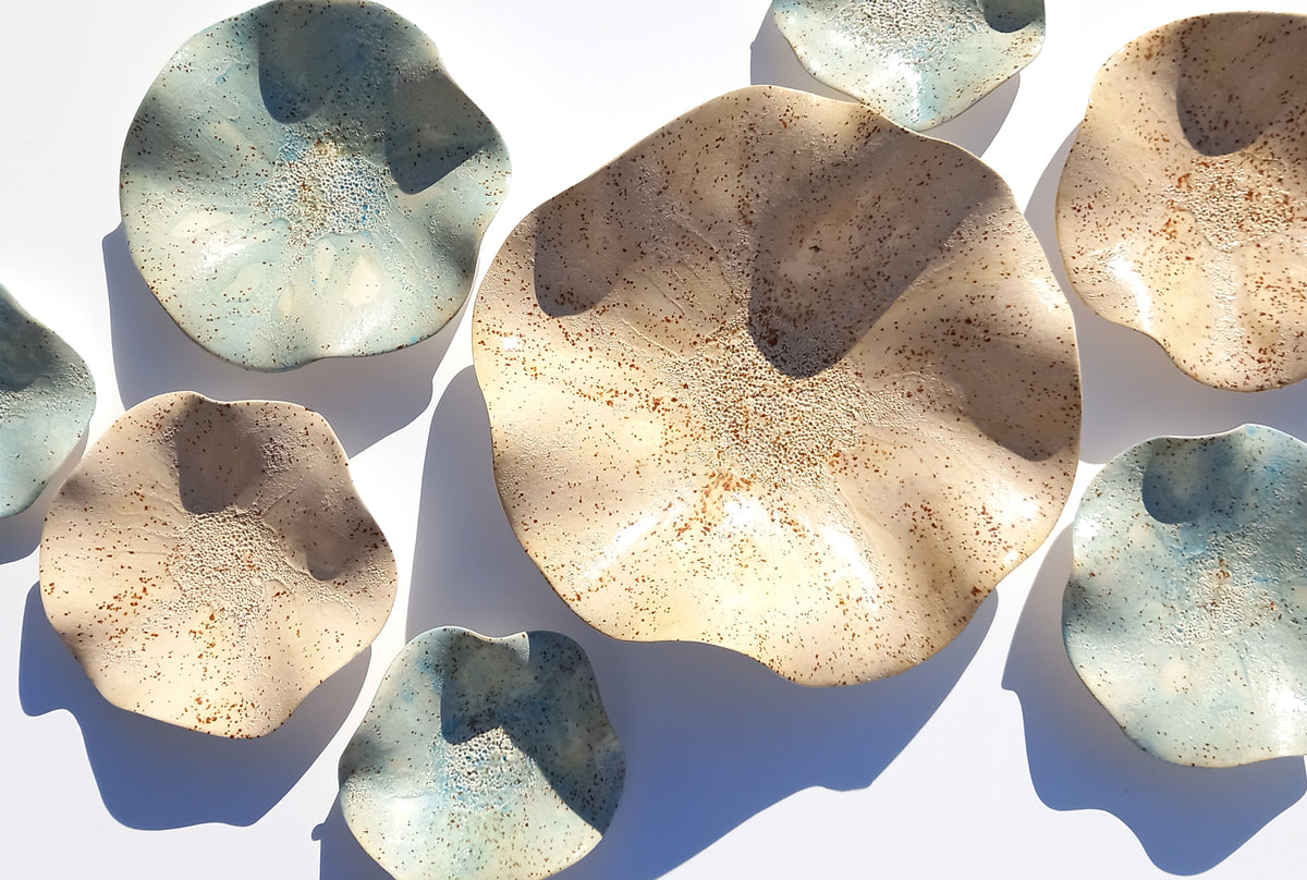 Ivory & Dusty Blue Ceramic Wall Art: Art Installation Sculpture, Made to Order