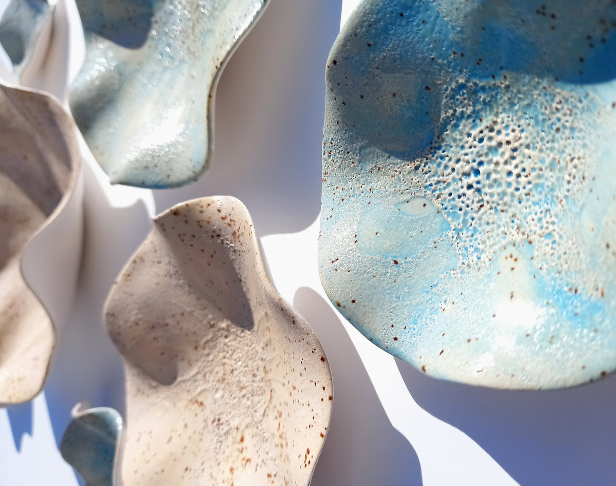 Ivory & Dusty Blue Ceramic Wall Art: Art Installation Sculpture, Made to Order