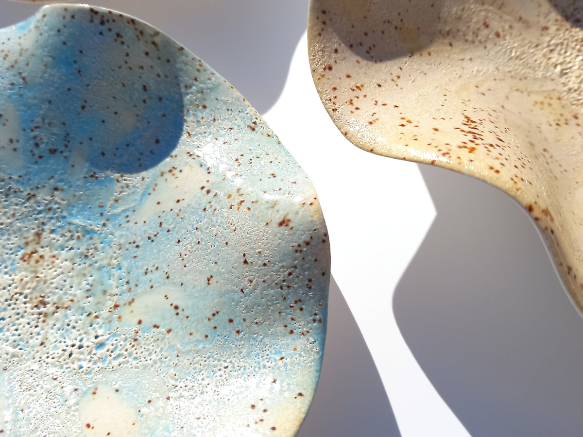 Ivory & Dusty Blue Ceramic Wall Art: Art Installation Sculpture, Made to Order