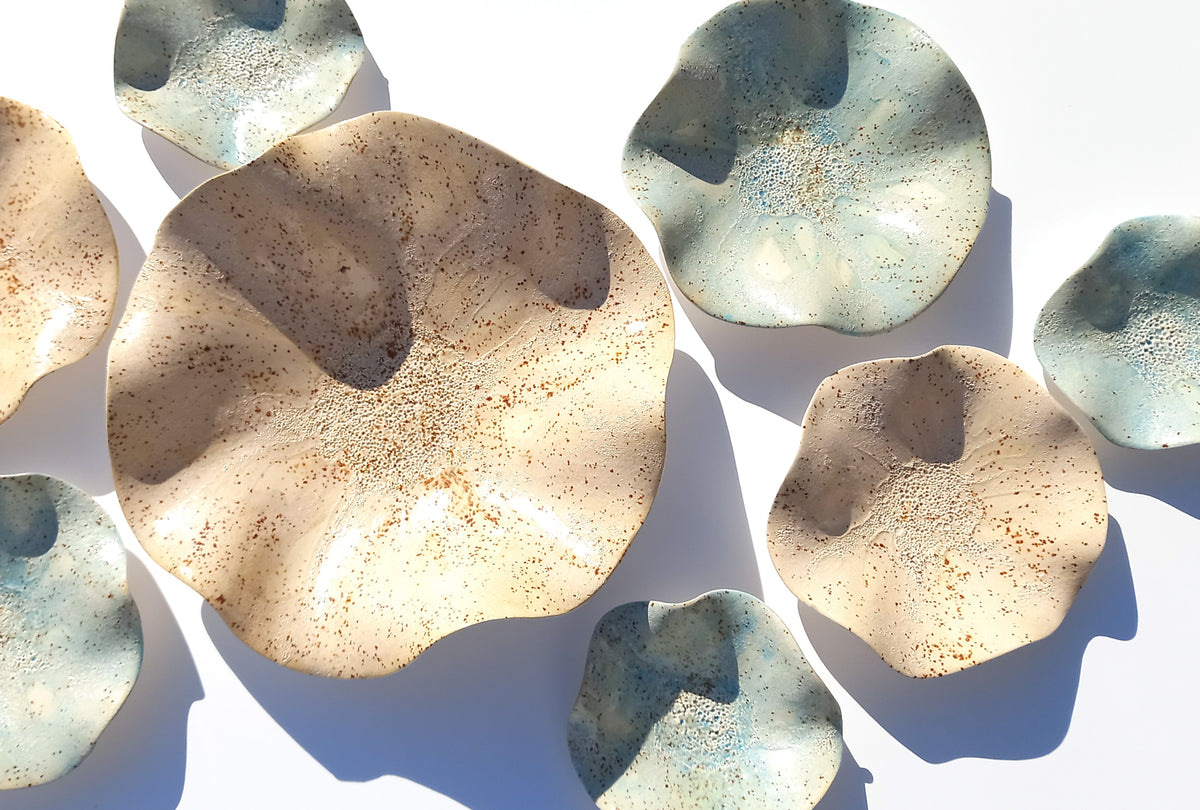 Ivory & Dusty Blue Ceramic Wall Art: Art Installation Sculpture, Made to Order