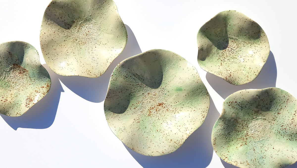 Soft Sage & Celadon Speckled Ceramic Wall Art: Art Installation Sculpture, Made to Order