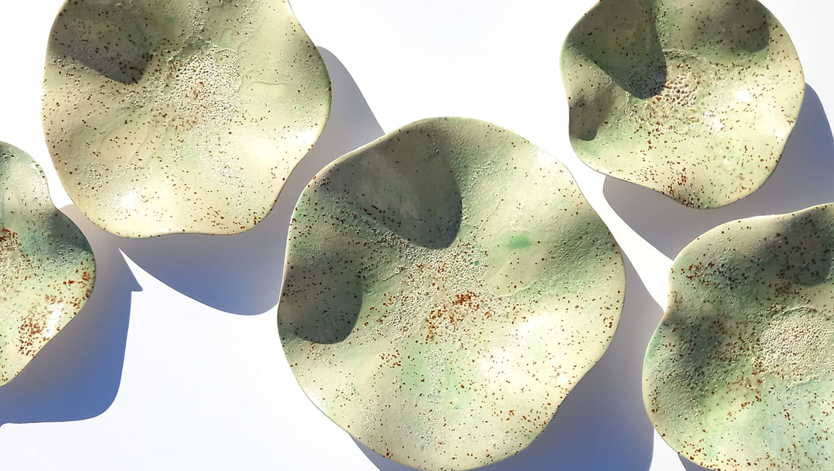 Soft Sage & Celadon Speckled Ceramic Wall Art: Art Installation Sculpture, Made to Order