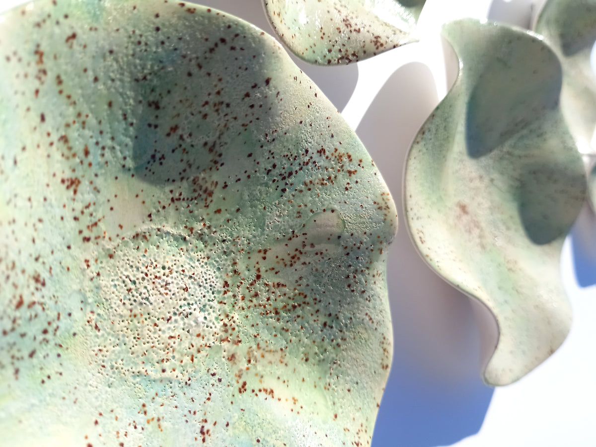 Soft Sage & Celadon Speckled Ceramic Wall Art: Art Installation Sculpture, Made to Order