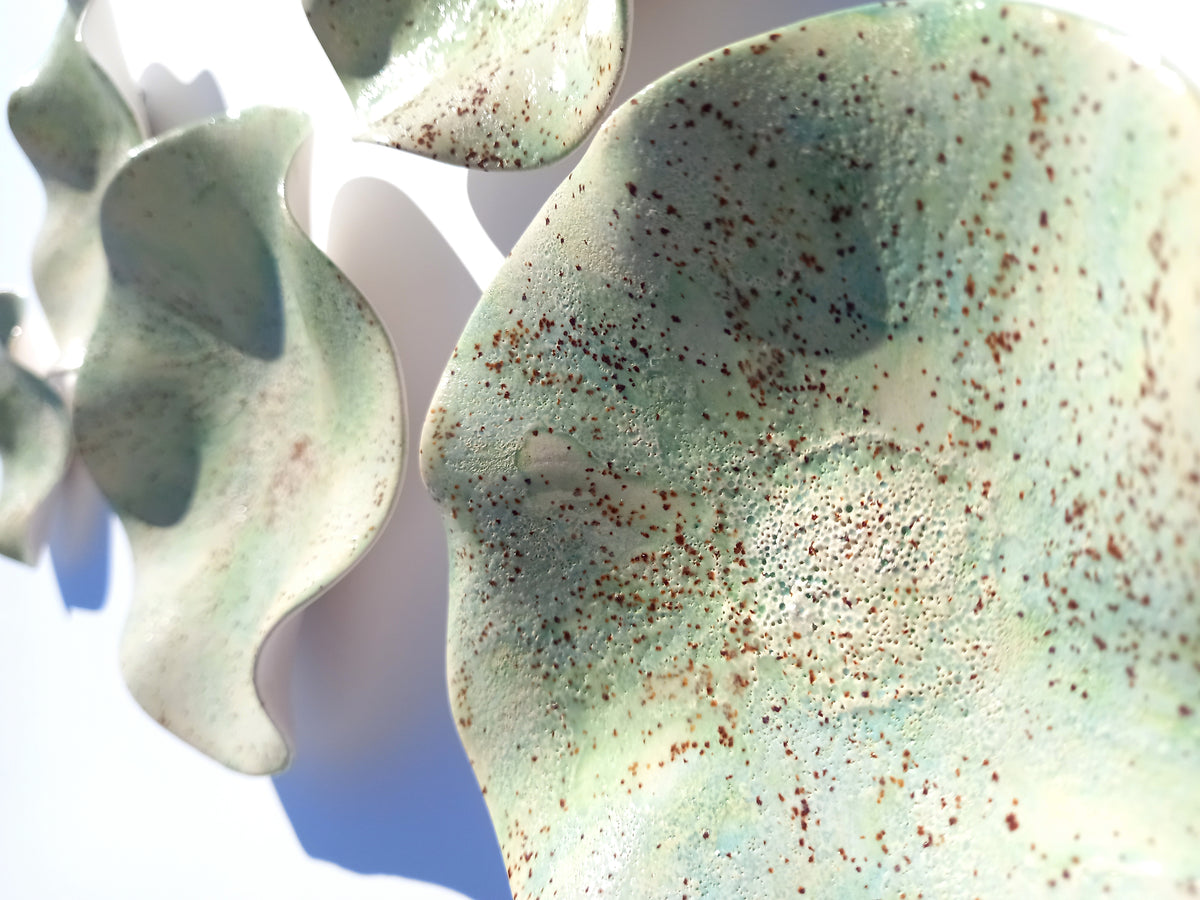 Soft Sage & Celadon Speckled Ceramic Wall Art: Art Installation Sculpture, Made to Order