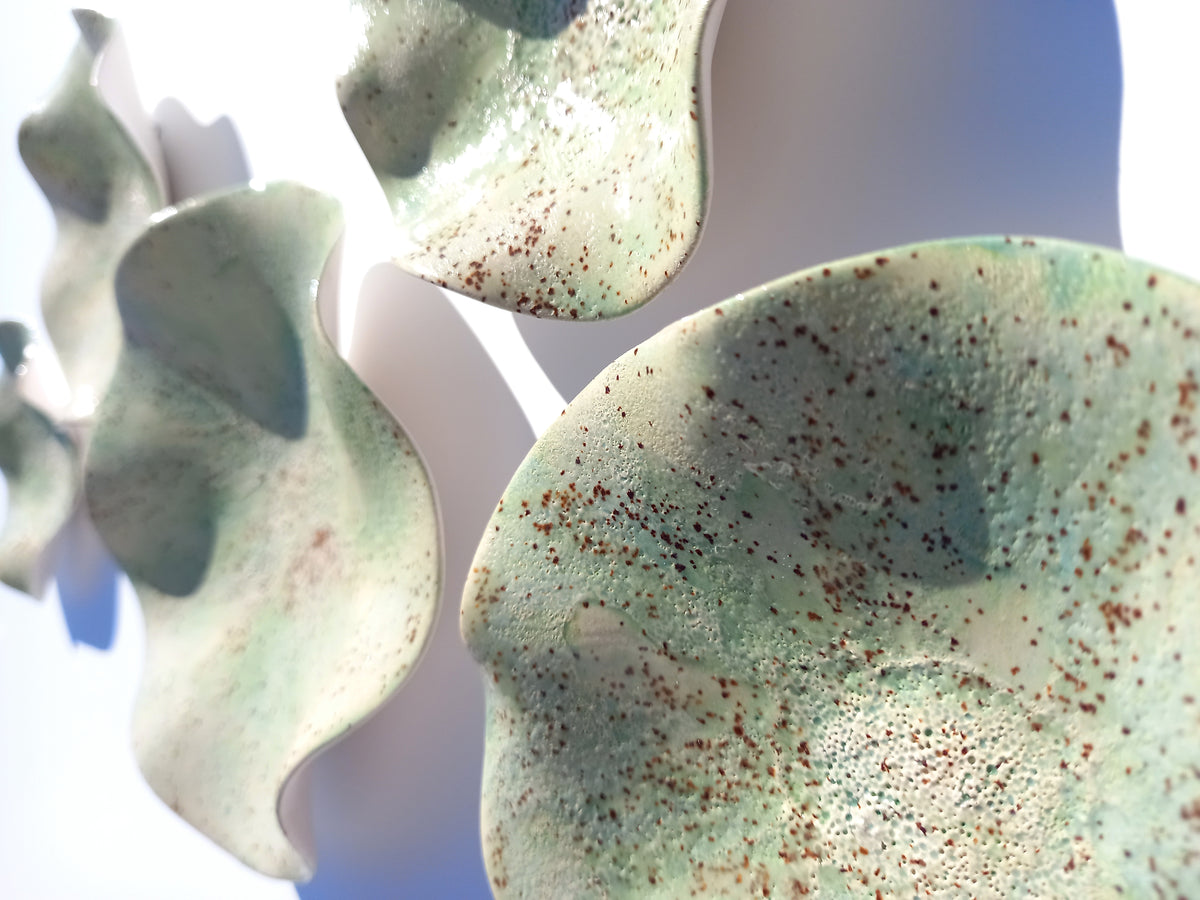 Soft Sage & Celadon Speckled Ceramic Wall Art: Art Installation Sculpture, Made to Order