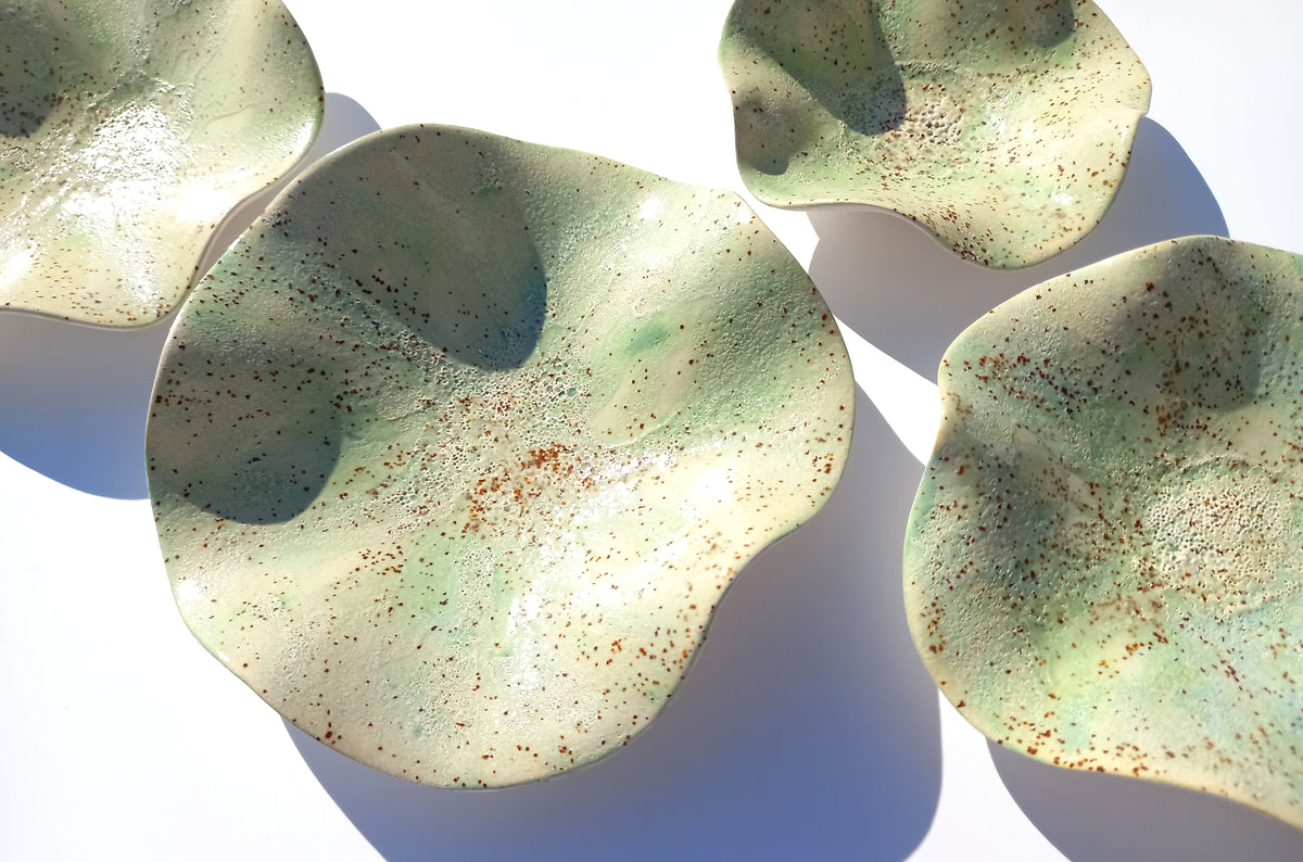 Soft Sage & Celadon Speckled Ceramic Wall Art: Art Installation Sculpture, Made to Order