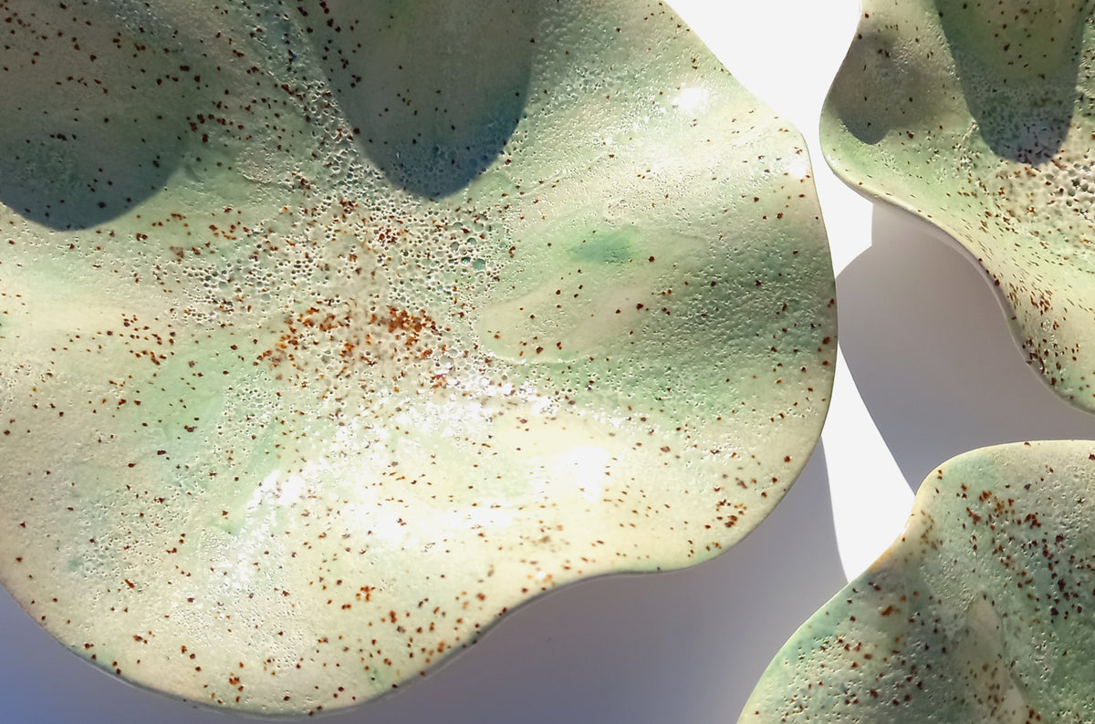 Soft Sage & Celadon Speckled Ceramic Wall Art: Art Installation Sculpture, Made to Order