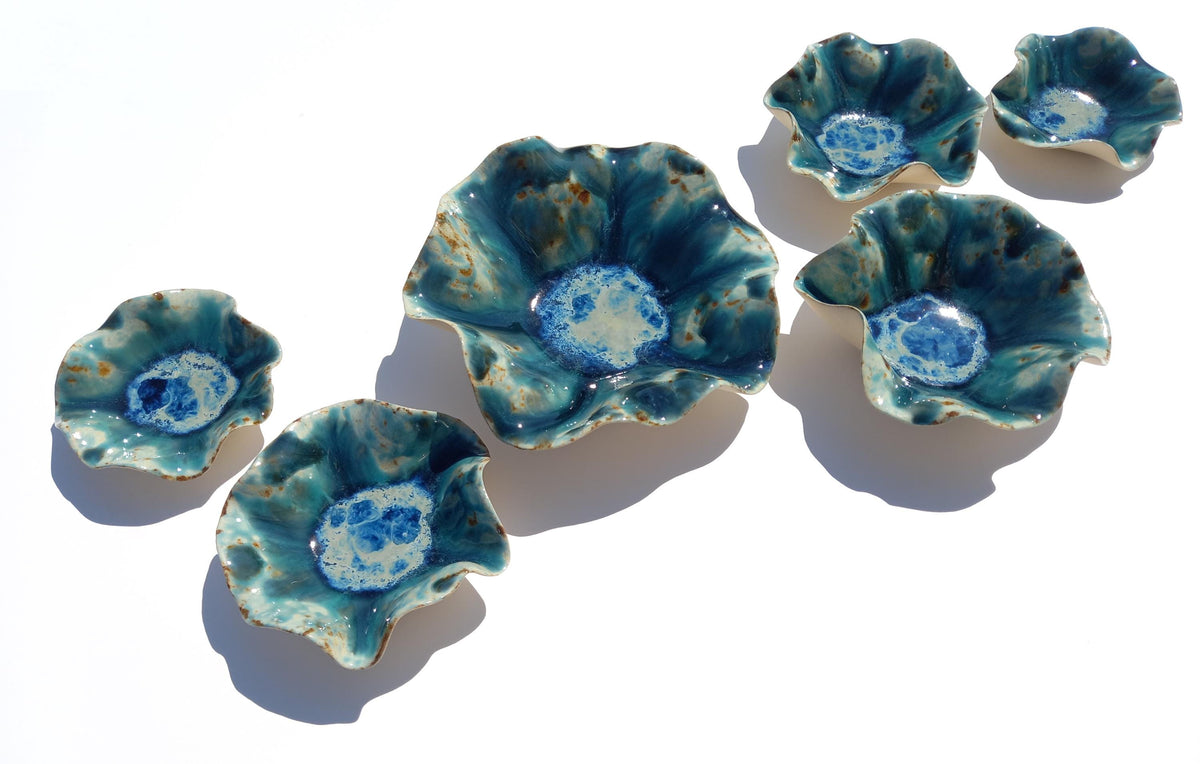 Blue Copper & Teal Porcelain Wall Art Sculptures: Handmade Ocean Tulips - MADE TO ORDER