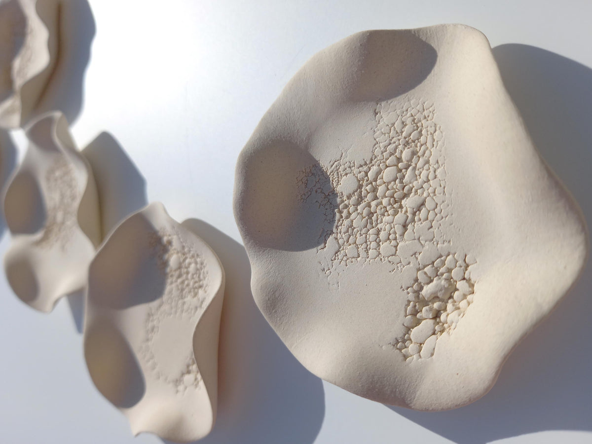 Cream Porcelain Wall Flower Sculpture: Handmade Ivory Ceramic Tile Art, Made to Order