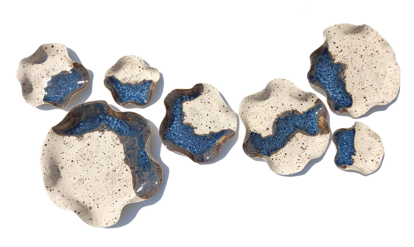 Beige Speckled & Blue Ceramic Wall Art: Stoneware Sculpture Tiles, Made to Order