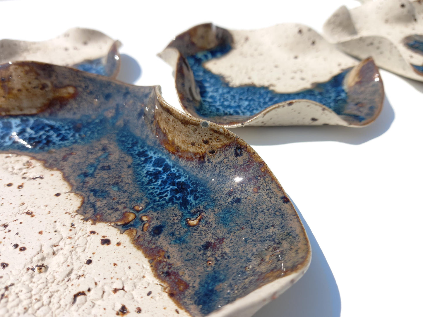 Beige Speckled & Blue Ceramic Wall Art: Stoneware Sculpture Tiles, Made to Order