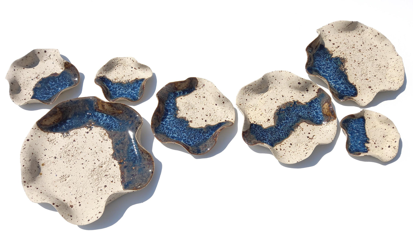 Beige Speckled & Blue Ceramic Wall Art: Stoneware Sculpture Tiles, Made to Order