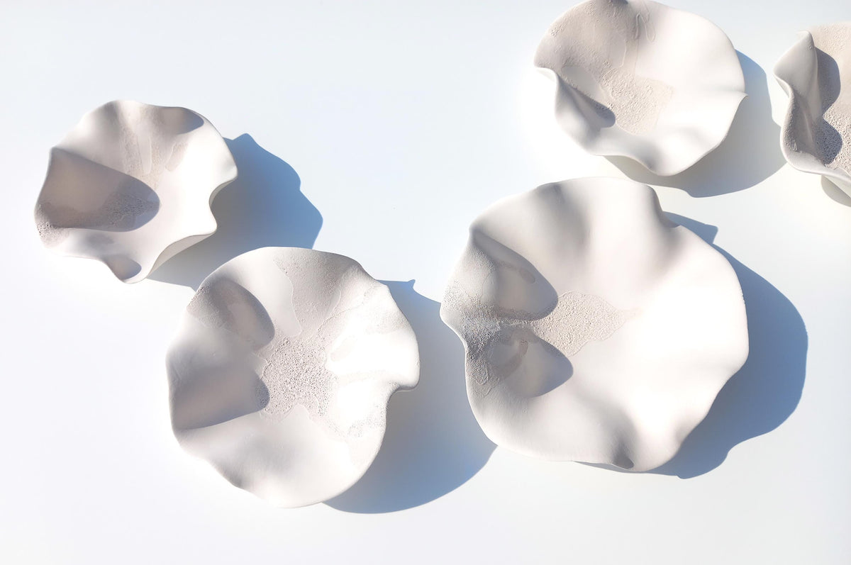 White Ceramic Wall Art: Flower Sculpture Set, Made to Order