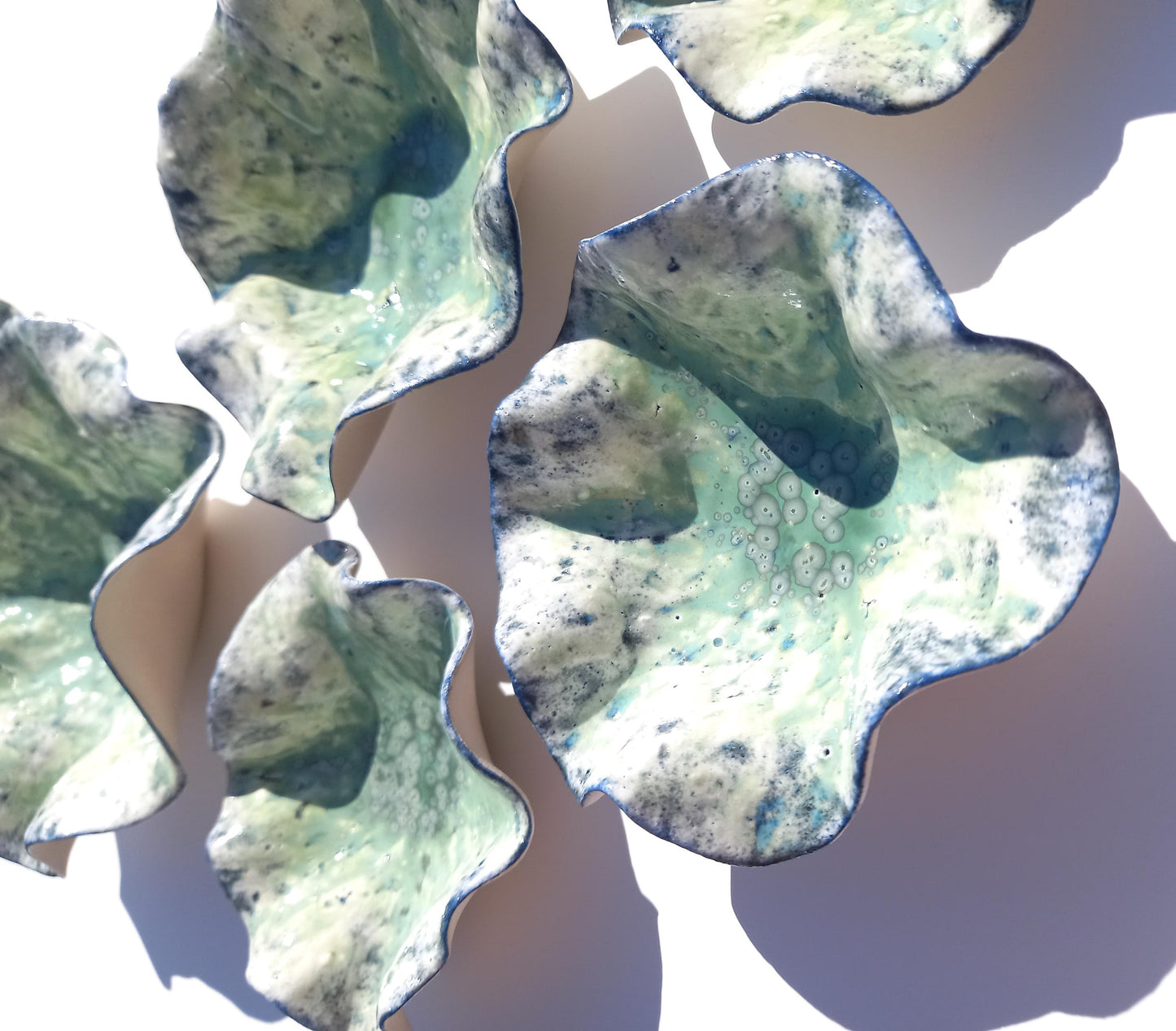 Green and Blue Porcelain Wall Sculpture with Hangers - Flower Art Installation - Made to Order