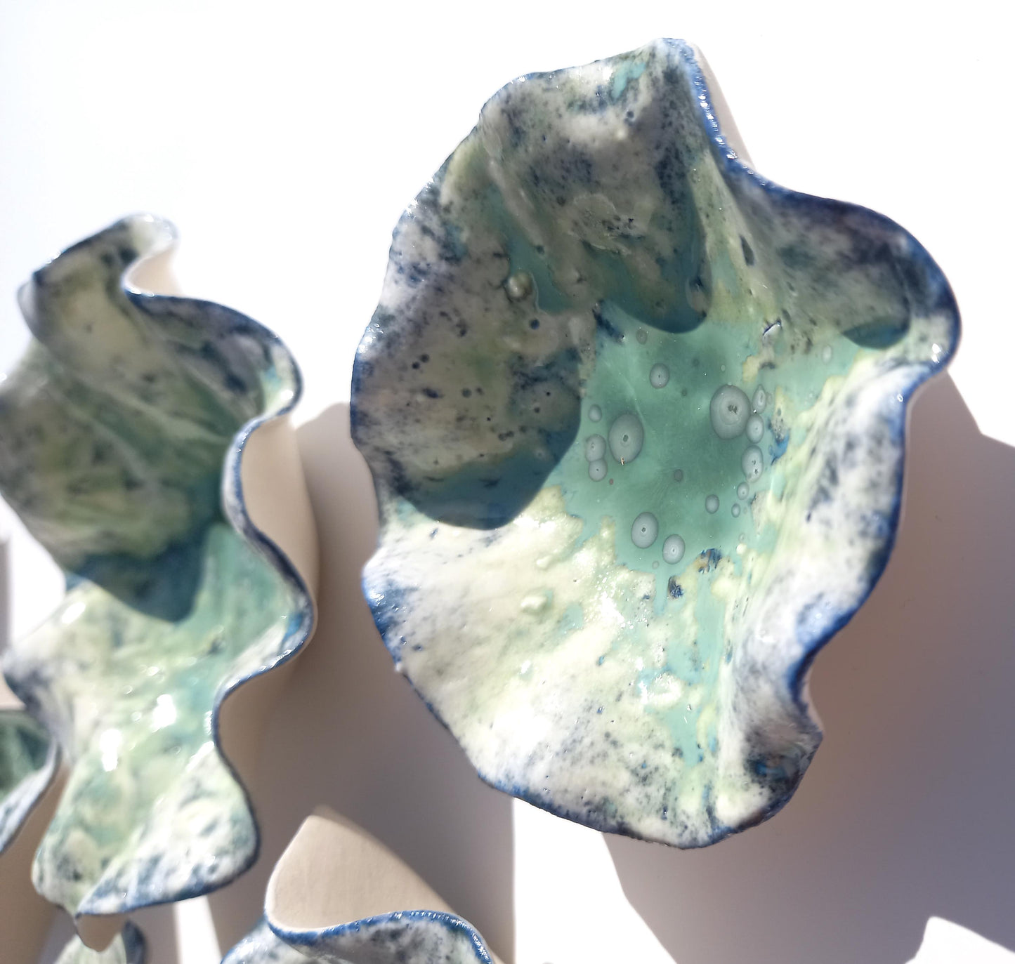 Green and Blue Porcelain Wall Sculpture with Hangers - Flower Art Installation - Made to Order