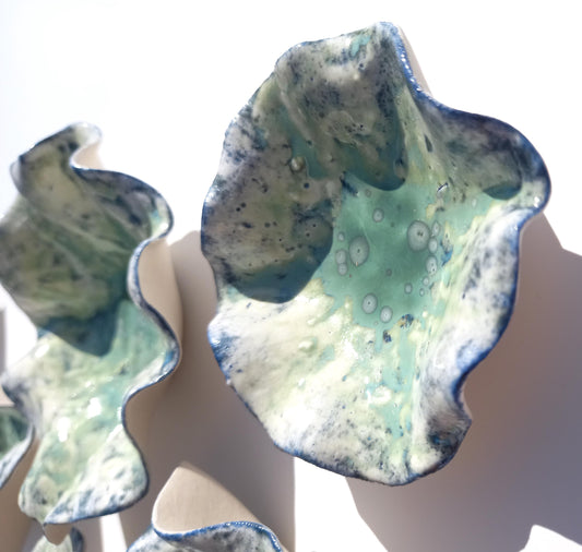 Green and Blue Porcelain Wall Sculpture with Hangers - Flower Art Installation - Made to Order